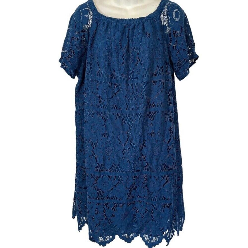 Ann Taylor Loft Womens Lace Blue Short Sleeve Whimsigoth Casual Dress Mini sz L